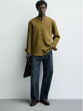 Zara Linen Blend Button-Up Shirt Neutral Beige Tan Size M NWT